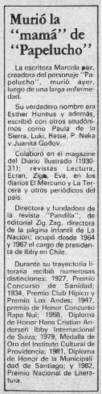 Murió la "mamá" de "Papelucho". Murió la "mamá" de "Papelucho".