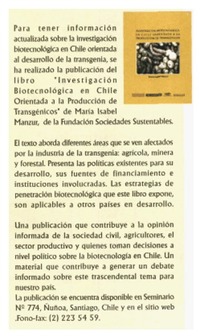 Investigación Biotecnológica en Chile orientada a la producción de transgénicos Investigación Biotecnológica en Chile orientada a la producción de transgénicos