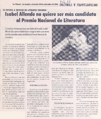 Isabel Allende no quiere ser más candidata al Premio Nacional de Literatura Isabel Allende no quiere ser más candidata al Premio Nacional de Literatura