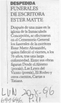 Funerales de escritora Ester Matte. Funerales de escritora Ester Matte.