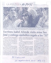 Escritora Isabel Allende visita mina San José y entrega simbólico regalo a los "33" Escritora Isabel Allende visita mina San José y entrega simbólico regalo a los "33"