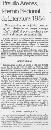 Braulio Arenas, Premio Nacional de Literatura 1984 Braulio Arenas, Premio Nacional de Literatura 1984