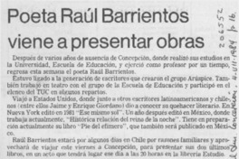 Poeta Raúl Barrientos viene a presentar obras Poeta Raúl Barrientos viene a presentar obras