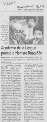 Academia de la Lengua premia a Homero Bascuñán Academia de la Lengua premia a Homero Bascuñán