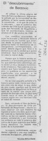 El "descubrimiento" de Berzovic El "descubrimiento" de Berzovic