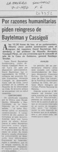 Por razones humanitarias piden reingreso de Baytelman y Cassígoli Por razones humanitarias piden reingreso de Baytelman y Cassígoli