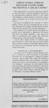 Amena charla ofrecio Baltazar Castro sobre "Mi infancia y Oscar Castro" Amena charla ofrecio Baltazar Castro sobre "Mi infancia y Oscar Castro"