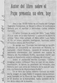 Autor del libro sobre el Papa presenta su obra, hoy Autor del libro sobre el Papa presenta su obra, hoy