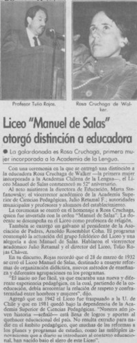 Liceo "Manuel de Salas" otorgó distinción a educadora. Liceo "Manuel de Salas" otorgó distinción a educadora.
