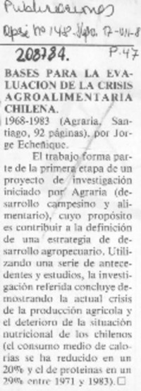 "Bases para la evaluación de la crisis agroalimentaria chilena "Bases para la evaluación de la crisis agroalimentaria chilena