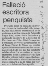 Falleció escritora penquista Falleció escritora penquista