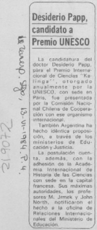 Desiderio Papp, candidato a premio UNESCO. Desiderio Papp, candidato a premio UNESCO.