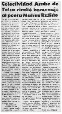 Colectividad árabe de Talca rindió homenaje a poeta Matías Rafide. Colectividad árabe de Talca rindió homenaje a poeta Matías Rafide.