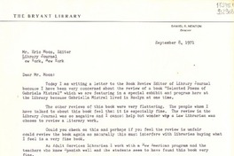 [Carta] 1971 Sept. 8, [New York, Estados Unidos] [a] Mr. Eric Moon, editor Library Journal, New York