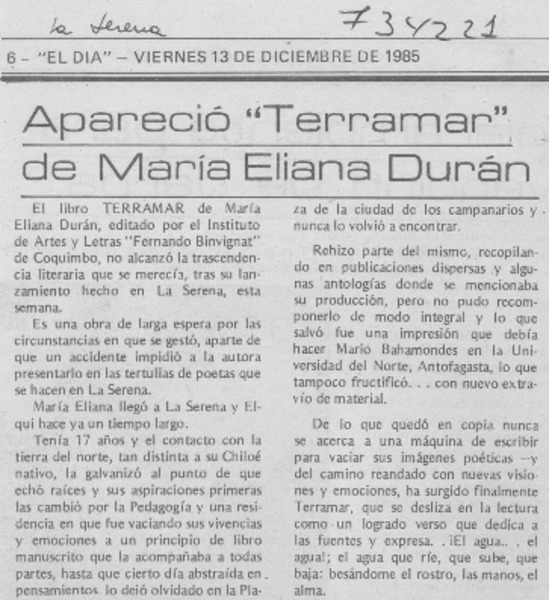 Apareció "Terramar" de María Eliana Durán.