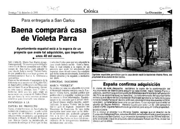 Baena comprará casa de Violeta Parra