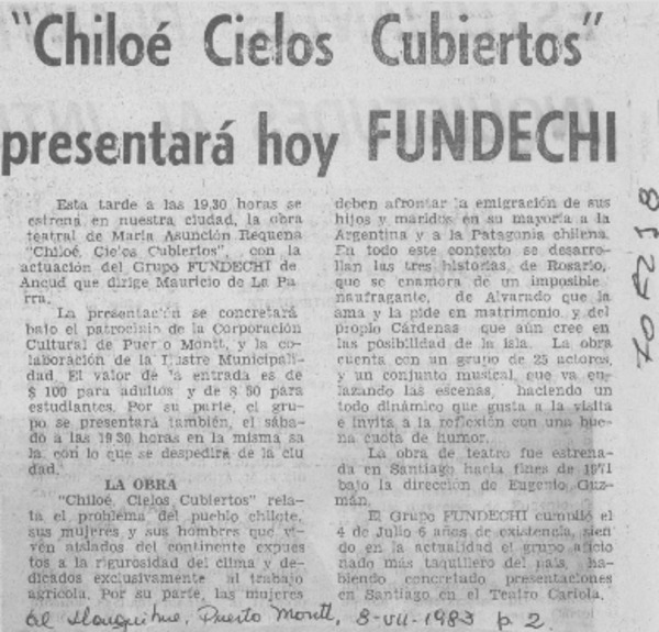 Chiloé, cielos cubiertos" presentará hoy FUNDECHI.