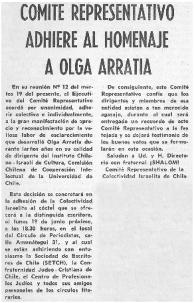 Comité representativo adhiere al homenaje a Olga Arratia.
