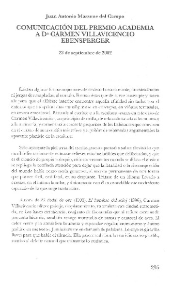 Comunicación del Premio Academia a Da. Carmen Villavicencio Ebensperger