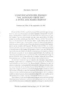 Comunicación del Premio "Dr. Rodolfo Oroz 2007" a doña Ana María Harvey