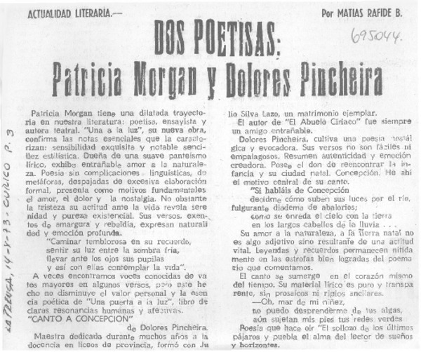 Dos poetisas: Patricia Morgan y Dolores Pincheira
