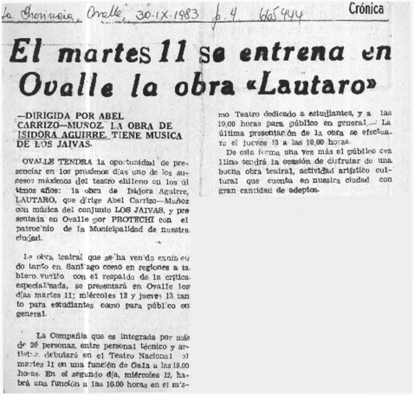El Martes 11 se estrena en Ovalle la obra "Lautaro".  [artículo]