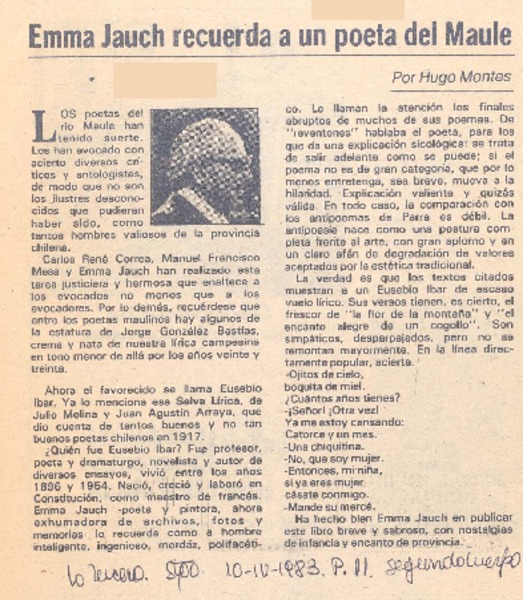 Emma Jauch recuerda a un poeta del Maule