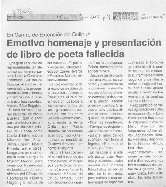 Emotivo homenaje y presentación de libro de poeta fallecida.