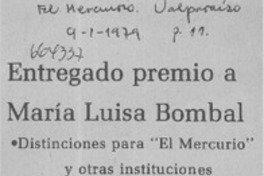 Entregado premio a María Luisa Bombal.  [artículo]