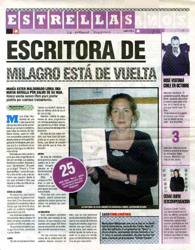Escritora de milagro está de vuelta  [artículo] Mauricio Rojas.
