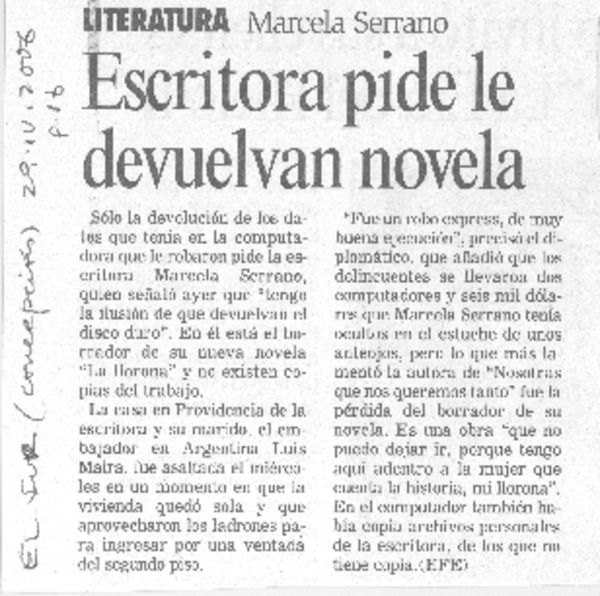 Escritora pide le devuelvan novela