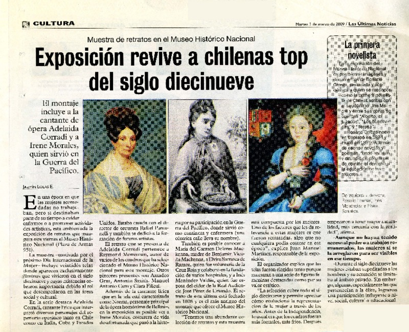 Exposición revive a chilenas top del siglo diecinueve  [artículo] Jazmín Lolas E.