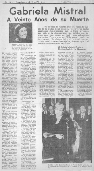 Gabriela Mistral a veinte años de su muerte.