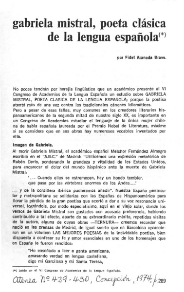 Gabriela Mistral, poeta clásica de la lengua española