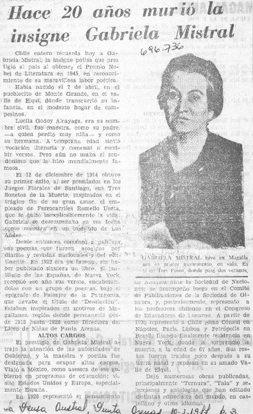 Hace 20 años murió la insigne Gabriela Mistral.