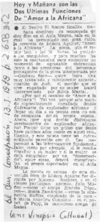 Hoy y mañana son las dos últimas funciones de "Amor a la africana".  [artículo]