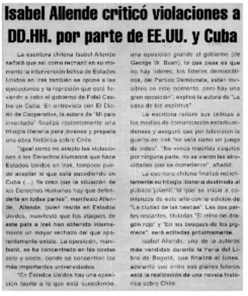 Isabel Allende criticó violaciones a DD.HH. por parte de EE.UU. y Cuba