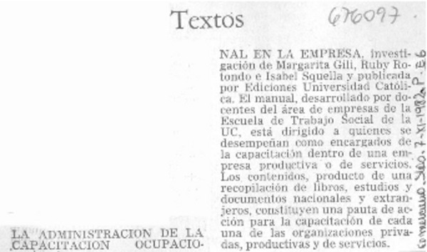 La Administración de la capacitación ocupacional en la empresa.