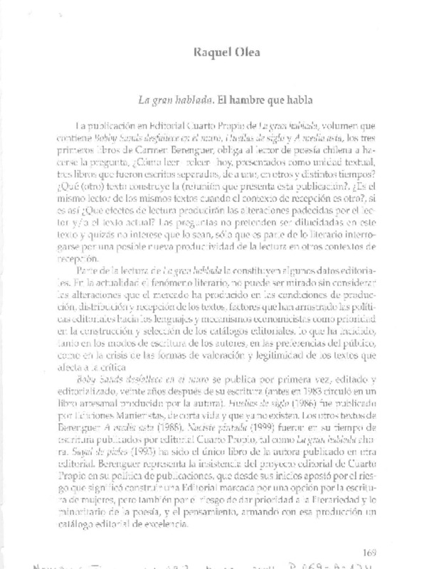 La gran hablada. El hambre que habla  [artículo] Raquel Olea.