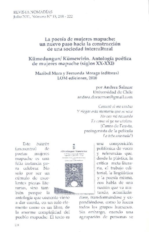 La poesía de mujeres mapuche  [artículo] Andrea Salazar.