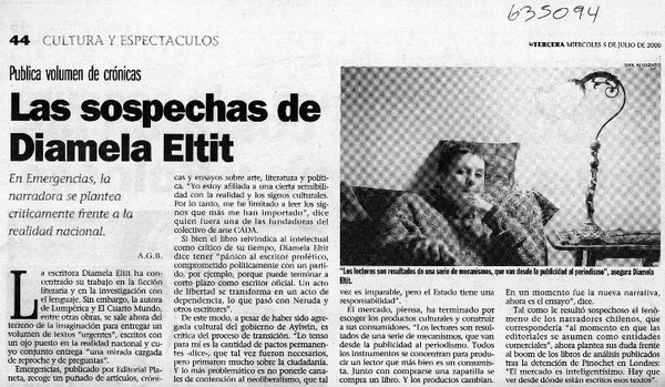 Las sospechas de Diamela Eltit  <artículo> A. G. B.