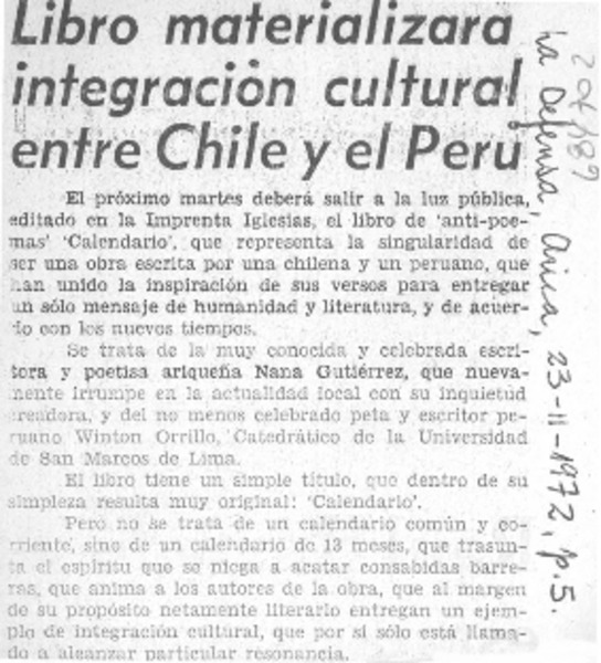 Libro materializará integración cultural entre Chile y el Perú.