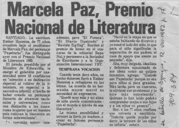 Marcela Paz, Premio Nacional de Literatura.