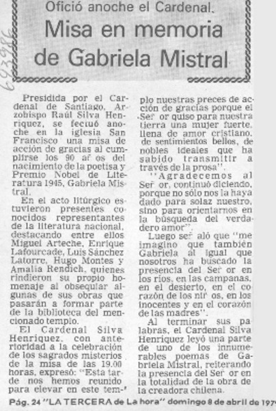 Misa en memoria de Gabriela Mistral.