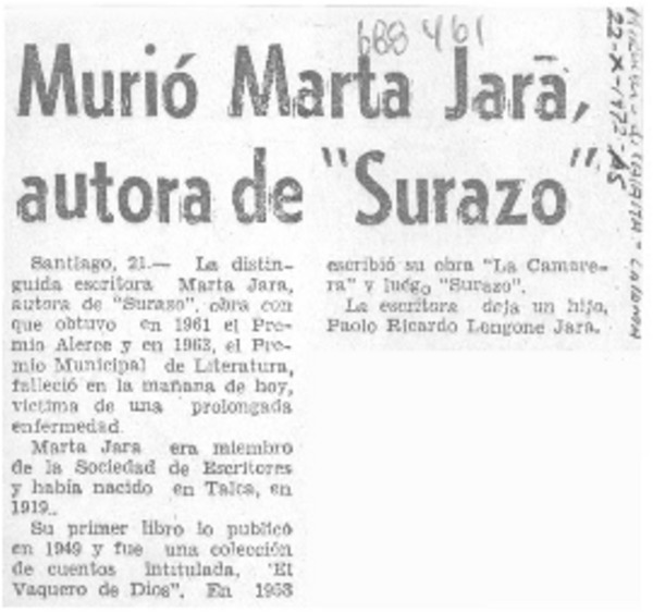 Murió Marta Jara, autora de "Surazo".