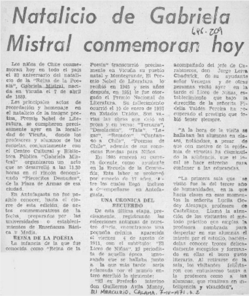 Natalicio de Gabriela Mistral conmemoran hoy.