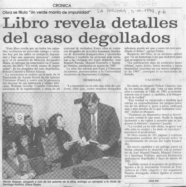 Libro revela detalles del caso degollados  [artículo] José Ale.