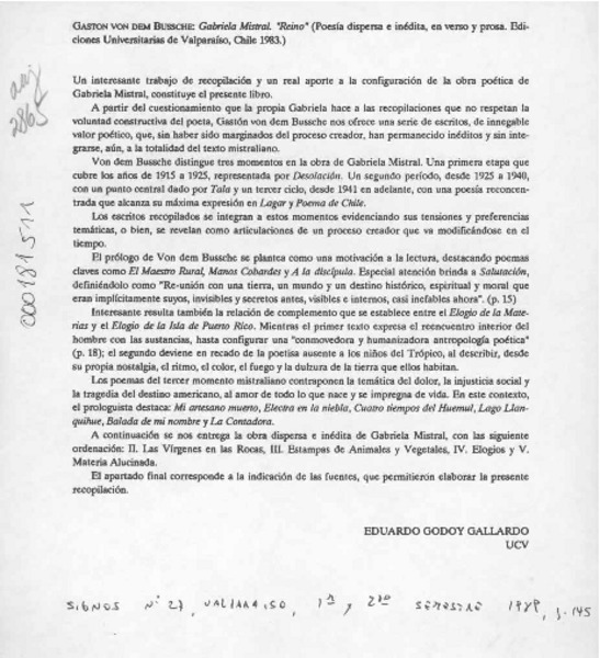 Gabriela Mistral "Reino"  [artículo] Eduardo Godoy Gallardo.