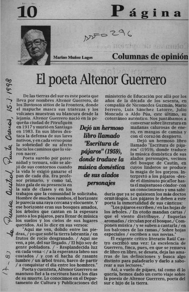 El poeta Altenor Guerrero  [artículo] Marino Muñoz Lagos.