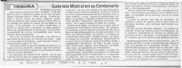 Gabriela Mistral en su centenario  [artículo] Federico Tatter.